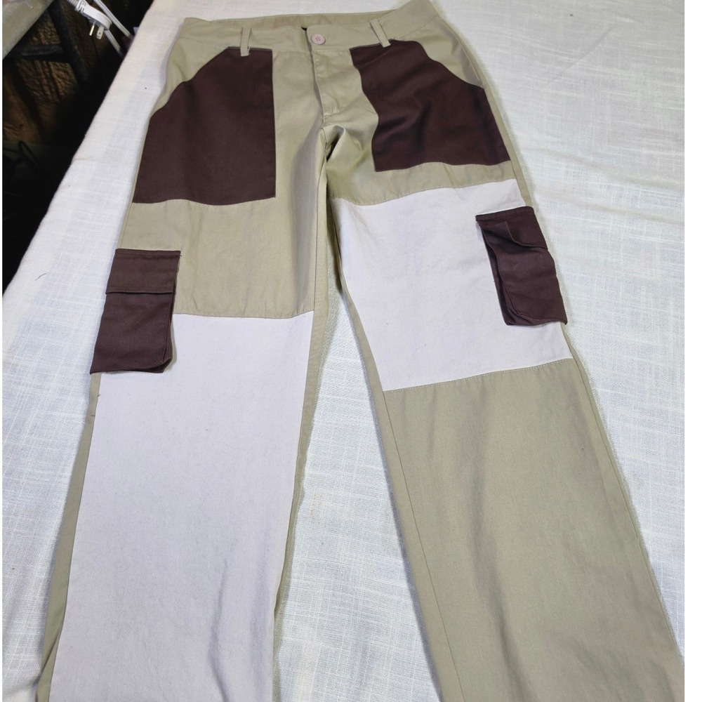 BoohooMAN Mens Patchwork Cargo Pants Tan Brown Cream Straight Leg Size 30